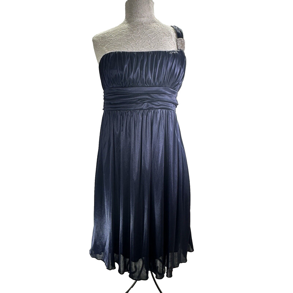 City Triangles Dress L One Shoulder Navy Blue Stretch Rhinestone Medallion Mini